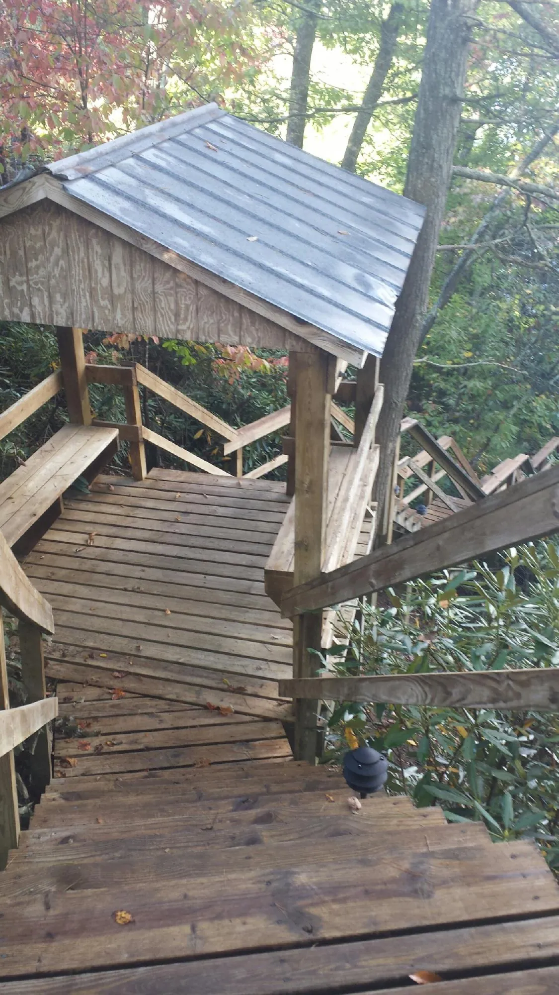 Metal roofed shelter over wooden steps on a wooded walkway — Skylight Repair & Installation work by our crew in Whitakers